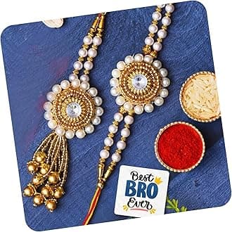eCraftIndia Golden & White Beads, Pearl, Diamond Designer Bhaiya Bhabhi Rakhis with Roli Chawal Pack and Happy Rakhi Wooden Cutout