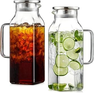 2 Pack 2 Liters/68 oz Square Glass Pitcher with Lid and Handle for Fridge, Iced Tea and Coffee Carafe Beverage Serveware, Heat Resistant Borosilicate Water Jug for Hot/Cold Drinks and Milk