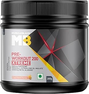 MuscleBlaze Pre Workout 200 Xtreme (Fruit Punch, 30 Servings, 200g) | 200mg Caffeine, 200mg Theanine, 2000mg Beta Alanine, 3000mg Citrulline