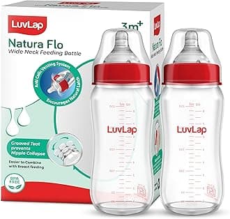 LuvLap Natura Flo Wide Neck Glass Feeding Bottle, New Born/Infants/Toddler Upto 3 Years, BPA Free, Ergonomic Shape is Easy to Hold, with Anti Colic Nipple, Pack of 2, 250ml