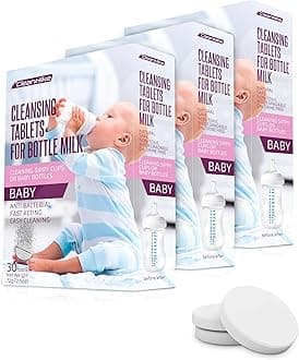 (3) Baby Water Bottle Cleaning Tablets - (90 Pack) Natural Bottle Cleaner for Milk Bottles Tabs for Stainless Steel and Plastic Kid's Tumbler - Individually Packed