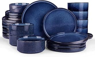 famiware Star Plates and Bowls Sets, Modern Stoneware Dinnerware Sets for 8, 24-Piece Kitchen Dish Set - Microwave and Dishwasher Safe, Chip and Scratch Resistant, Nebulas Blue