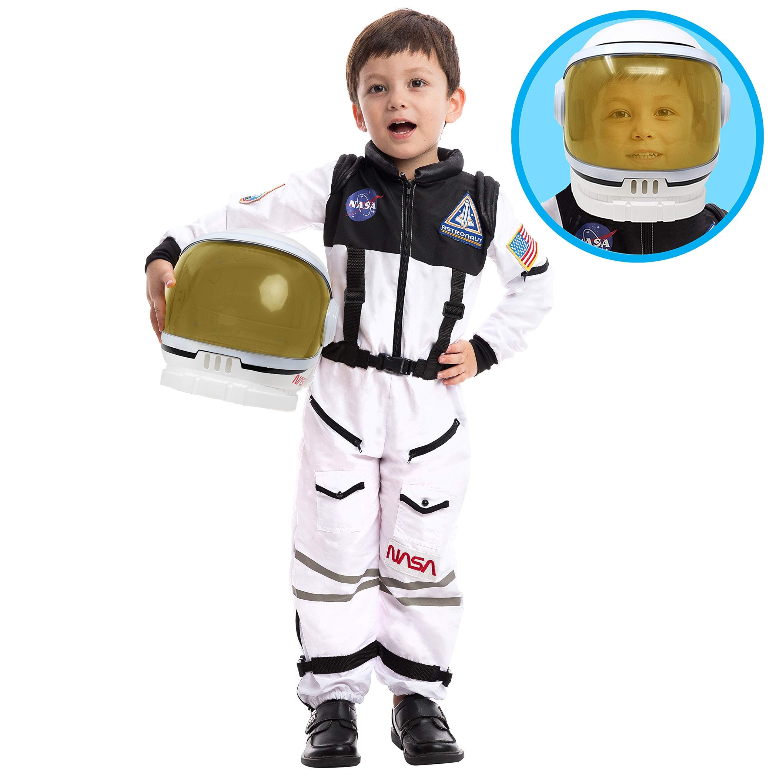 Astronaut Pilot Costume Kit with Helmet Mobile Visor for Children, Boys, Girls, Children Space Roleplay Dress up, Schoolroom, Halloween Favors (White, Small)