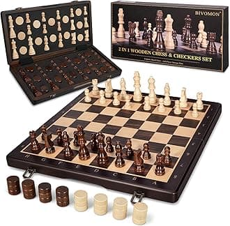 BIVOMON 2 in 1 Wooden Magnetic Chess Set & Checkers Board Game-15'' Foldable Chess Board for Adults & Kids-Portable Travel Chess Set with Pieces Storage Slots-2 Extra Queens-Beginner Chess Board Game