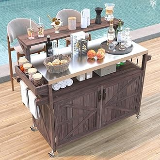 Kitchen Island with Raised Shelf, 53.3" Outdoor Rolling Grill Cart with Internal Storage Rack, Adjustable Shelf, Spice Rack, Gas Passage Design, Stainless Steel Top, Door Hooks (Brown/105)