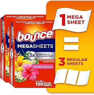 Mega Dryer Sheets, Paradise Blossom, 130 Count, Mega Fabric Softener Sheets with Static Control, Wrinkle Reduction, Extra Softness, Lasting Scent, Repels Lint