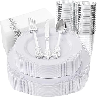 175PCS Silver Plastic Plates - White and Silver Disposable Plates for 25 Guests Include 50Plates, 25Cups, 25Forks, 25Knives, 25Spoons, 25Napkins for Wedding & Party