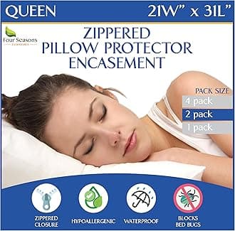 Four Seasons Essentials Queen Size Waterproof Pillow Protectors (Set of 2) – Zippered Hypoallergenic Pillowcase Cover Allergen Dust Proof Encasement