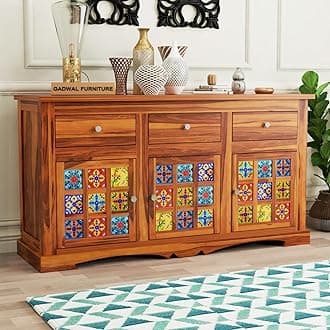 Handcrafted Handcrafted Solid Sheesham Wood Wooden Sideboards & Chest Fo Drawer with 3 Drawers and 6 Shelves for Living Room or Bedroom Storage (Boho, Honey Finish)