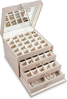 Glenor Co Earring Organizer Holder - 75 Small & 4 Large Slots Classic Jewelry Box with Drawer & Modern Closure, Mirror, 4 Trays Earrings, Ring or Chain Storage - PU Leather Case - Sand