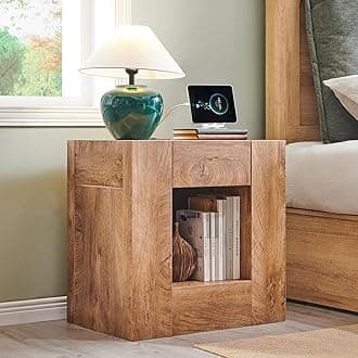 24" Modern Nightstand with Charging Station, Large Wood Bedside Table w/Hidden Drawers & Open Storage Shelf, Rustic End Table for Bedroom,Living Room,Light Tree Knot