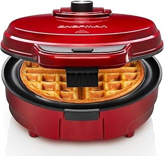 Chefman Anti-Overflow Belgian Waffle Maker w/Shade Selector, Temperature Control Mess Free Moat, Round Iron w/Nonstick Plates & Cool Touch Handle, Measuring Cup Included, Red