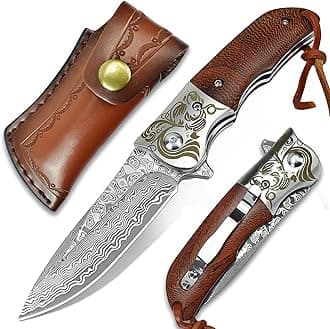 AUBEY Damascus Pocket Knife with Clip, Folding Knives with VG10 Damascus Steel Blade, Wooden Handle, Foldable EDC Knifes for Outdoor Survival Collection Gift