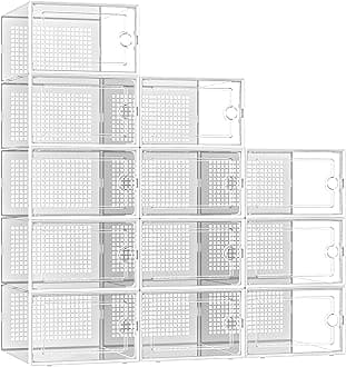 Kuject Large Shoe Organizers Storage Boxes for Closet 12 Pack, Clear Plastic Stackable Shoe Containers Bins with Lids, Under Bed Shoe Storage for Entryway, Drop Front, Fit up to Women's Size 12, White