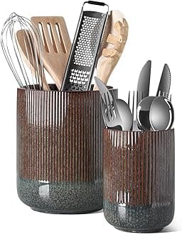 LE TAUCI Utensil Holder, Set of 2, 7.3"+5.4" Ceramic Kitchen Utensil Holder for Counter, Large Cooking Utensil Crocks for Kitchen Decor, Morden Utensil Organizer for Spatula, Marble Dark Olive