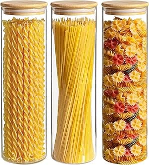 ComSafGlass Spaghetti Pasta Storage Container for kitchen Pantry with Lids 47oz Set of 3, Tall Clear Airtight Food Storage Jar with Sealing Wood Cover for Noodles Flour Cereal Sugar Tea Coffee Beans