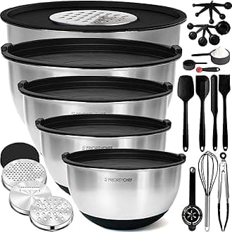 Priority Chef Premium Large 28Pc Stainless Steel Mixing Bowls with Lids Set, Non-Slip Base, Air Tight Lids, 3 Graters and Utensil Set, Large Metal Nesting Bowls for Kitchen, Black