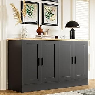 53" Black Buffet Cabinet with Storage, Modern Kitchen Sideboard with 4 Doors & Adjustable Shelves, Entryway Credenza & TV Console Table for Living Room, Dining Room