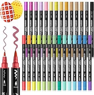 28 Metallic Colors Dual Tip Acrylic Paint Markers, Brush Tip and Fine Tip Acrylic Paint Pens for Rock Painting, Ceramic, Wood, Canvas, Plastic, Glass, Stone, Calligraphy, Card Making, DIY Crafts