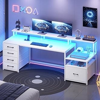 SEDETA White Computer Desk with 5 Drawer & Power Outlet, 66'' Home Office Desk with File Drawer, Storage Shelves, Printer Cabinet and Monitor Shelf, Gaming Desk with Led Lights