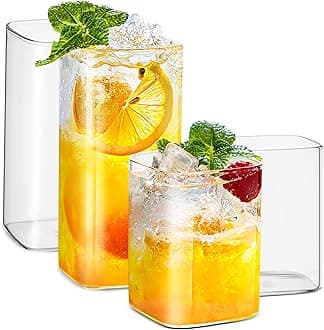 LUXU Drinking Glasses 8 oz Set of 2,Thin Square Glasses 13 oz Set of 2,Elegant Bar Glassware For Water,Juice,Beer, Drinks,and Cocktails and Mixed Drinks,Lead-Free Square Glass,Glass Drink Tumblers