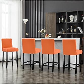 26'' Faux Leather Bar Stools Set of 4, Modern Upholstered Bar Chairs with Back, Soild Wood Legs Barstools for Kitchen Island, Orange