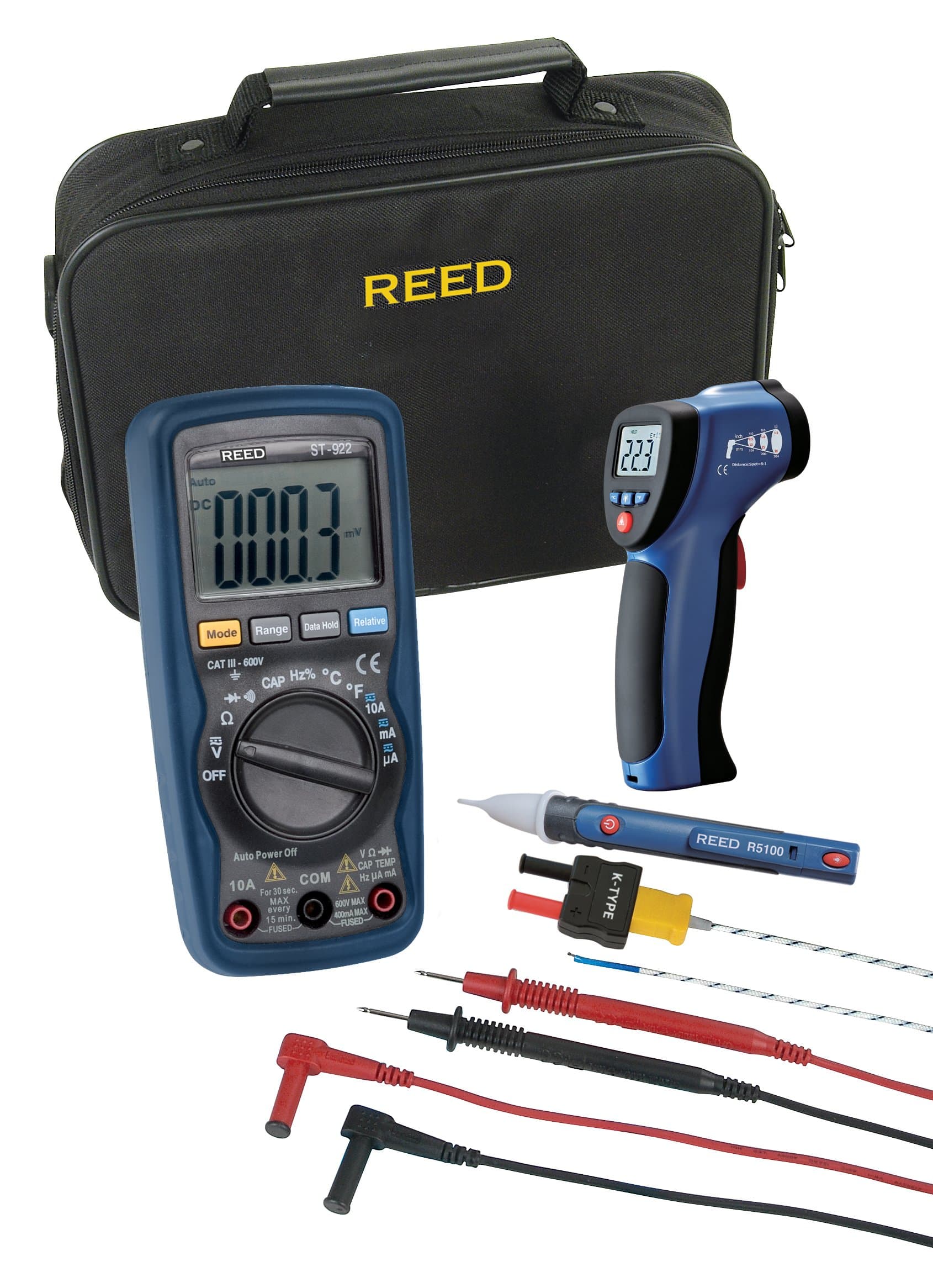 Reed ST-TEMPKIT Electrical Test Kit with Auto-Ranging, Average-Sensing Multimeter, Infrared Thermometer, Noncontact Voltage Detector, Temperature Input Adapter, K-Type Thermocouple Probe, Test Leads, and Case