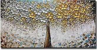 ART8YUQI Art Oil Painting On Canvas Texture 3D Silver - Golden Flower painting Contemporary Abstract Art Handmade Artwork Picture Canvas Wall Art Modern Home Decor living room Ready to Hang 24x48 inch