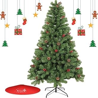 Christmas Tree 7FT/8FT Artificial Tree with Pine Cone and Red Fruit, Foldable Metal Stand for Holiday Christmas Decoration (Green+Red, 7FT)