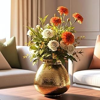 Behoma Matki Shape Metal Vase for Home Decor, Hammered Flower Pot for Office Table Decorations, Modern vases, Gift for Diwali Ganpati Onaml, 8 inches, Golden 1 Pc (Flowers not Included)