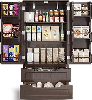 Gizoon Kitchen Pantry Storage Cabinet with Drawers Freestanding Bathroom Storage Cabinets with Doors and Shelves, 47" Small Wooden Food Pantry Cabinet for Dining Room Craft Room, Dark Brown