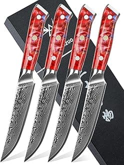 Steak Knives Set of 4, Ultra Sharp Non Serrated Kitchen Steak Knife 5 Inch - Damascus Steel & Resin Handle - Xuan Series (Sunset Red)