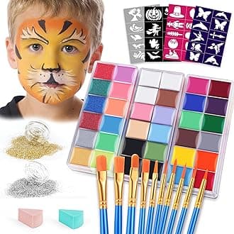 VESPROFace Painting Kit For Kids Party,32 Colors Professional Oil Face&Body Paint Kit with 10 Brushes 4 Reusable Face Stencils,2 Glitters and 2 Sponges for Kids and Adults Halloween Makeup