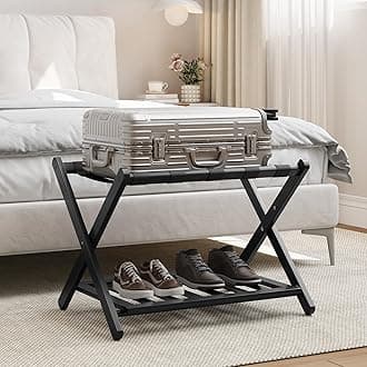 Fully Assembled Black Luggage Rack, Suitcase Stand with Shoe Shelf, Folding Wooden Luggage Stand for Guest Room, Bedroom, Hotel