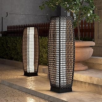 Solar Outdoor Floor Lamp Solar Powered Lantern Water-Resistant Wicker Deck Light for Garden Porch Deck-Large Fuji 2 PCS, Dark Brown