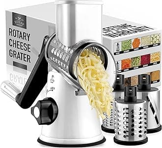 Zulay KitchenCheese Grater Hand Crank, Grater For Kitchen With Reinforced Suction - Rotary Cheese Grater With 3 Replaceable Stainless Steel Blades - Easy to Use & Clean - Vegetable Cutter - White