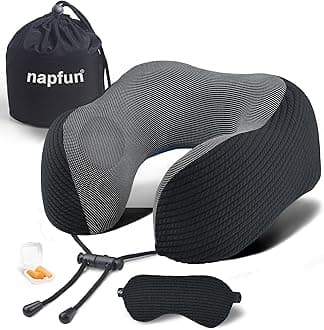 napfun Neck Pillow for Travel with Travel Pouch, Sleep Mask & Earplugs, Memory Foam Airplane Pillow for Headrest Sleep with Eyeshades, Plane Essentials with Eye Blindfold, Black Striped Kit