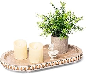 HPC Decor 15in Oval Tray for Home Decor - Brown Wood Beaded Tray - Decorative Serving Tray,Rustic Farmhouse Wooden Trays for Vintage Centerpiece,Kitchen Counter,Living Room Decor,Coffee Table Decor.