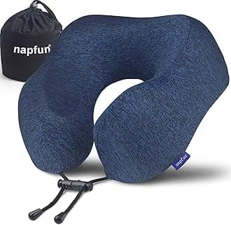 NAPFUN Neck Pillow for Traveling, Upgraded Travel Neck Pillow for Airplane 100% Pure Memory Foam Travel Pillow for Flight Headrest Sleep, Portable Plane Accessories, Dark Blue