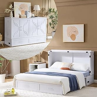 Homnso Queen Murphy Bed, Pine Wood Murphy Bed Queen,Cubic Cabinet Bed with Mattress,Storage Drawer,14pcs Auxiliary Wheels Underearth& USB Charging Station for Living Room Apartment (White 4#)