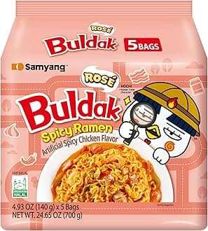 Samyang Rose Buldak Spicy Ramen Noodle, Artificial Spicy Chicken Flavor, 4.93oz x 5 Bags, Asin Noodles 24.65 oz (700g)