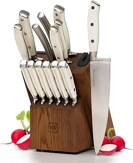 White Knife Set with Block – 14-Piece Forged Stainless Steel Knives with Triple Rivet Handles, Heavy-Duty Kitchen Shears, and Self-Sharpening Knife Block – Durable White Kitchen Accessories