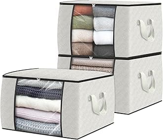 Fab totes 3 Pack Clothes Storage, Foldable Thick Fabric Blanket Storage Bags, Containers for Organizing Bedroom, Closet, Clothing, Comforter, Organization with Handle,Ivory White