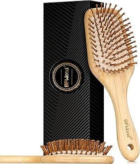 Bamboo Hair Brush with Paddle, Rounded Wood Bristles for Detangling and Gently Massaging Scalp by BFWood, Reduces Frizz and Static