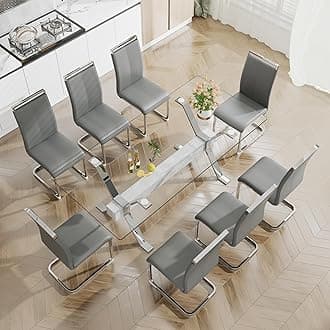 Pvillez Glass Dining Table Set for 8, 9 Piece Dining Room Table Set, 78" Modern Large Glass Kitchen&Dining Room Table with Silver Metal Legs and Grey MDF Crossbars & 8 Grey PU Leather Dining Chairs