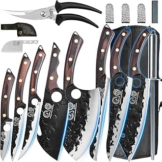 XYJProfessional Serbian Chef Knife Set with Roll Bag, Japanese Culinary Knives, Meat Cleaver, Kitchen Chopping Knife, and Protective Sleeves, Perfect for Home Cooking or Outdoor Camping (12)