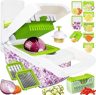 Dewpeton Pro-Series 16-in-1 Mandoline Slicer & Spiralizer, Veggie Chopper with Container for Onion Salad & More