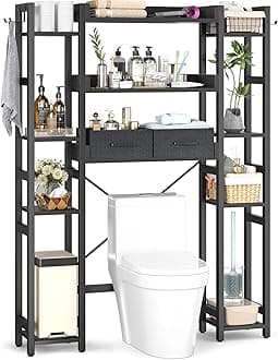 Over The Toilet Storage with 2 Drawers - 11 Tier Bathroom Organizer Freestanding Space Saver Storage Rack with Adjustable Shelf Above Toilet Stand with 4 Hooks for Restroom, Laundry, Black