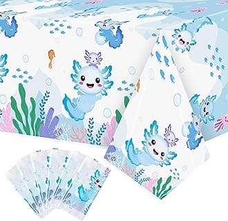 6 Packs Blue Cartoon Axolotl Party Table Cover, Reptile Animals Waterproof Disposable Tablecover, Plastic Rectangle Tablecloth for Kids Axolotl Birthday Baby Shower Party Supplies, 86x51 inch