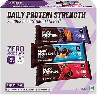 RiteBite Max Protein Daily Assorted Protein Bars with 10g Protein, 5g Fiber & 21 Vit. & Minerals | 0 Added Sugar, No Cholesterol & Trans Fat For Upto 2h of Energy, Healthy Snack, 50g (Pack of 6)